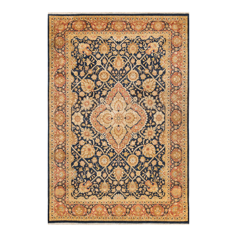 Tapis unique noué à la main bleu / orange / ivoire Oakhur de conception unique 6 pi 2 po x 9 pi Oakhur