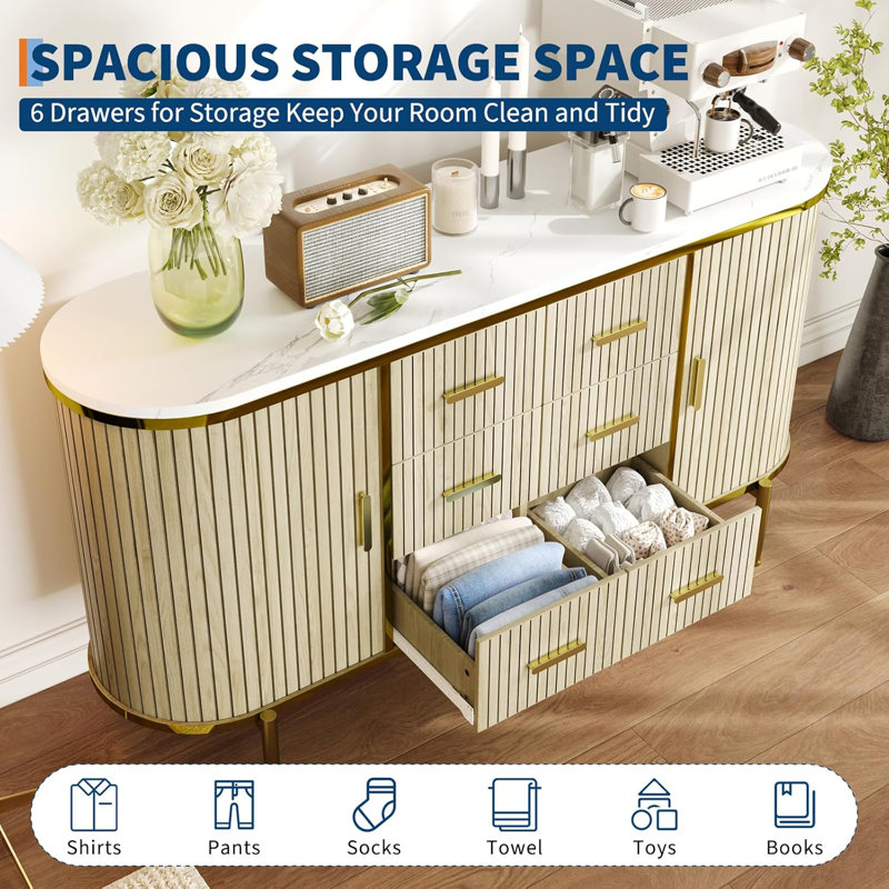 59  Fluted Sideboard Buffet with 6 Drawers   2 Doors, Yellow