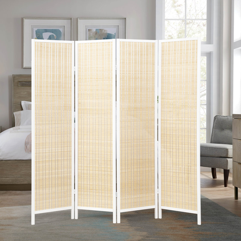 Paravent en panneau de bambou à 4 panneaux Roundhill Furniture, Blanc / jaune