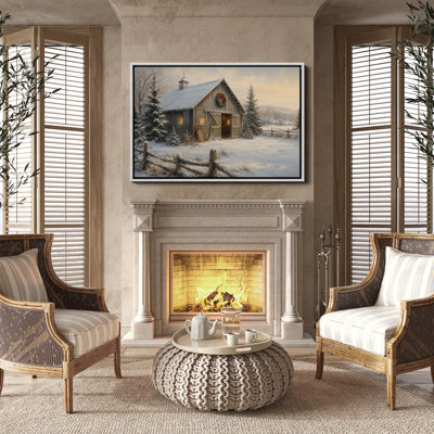 «Snowy Christmas Barn Winter Farmhouse Landscape Decor», reproduction d'art encadrée