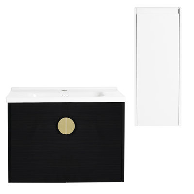 28" Bathroom Vanity With Ceramic Sink And Side Cabinetry - Black Chestnut, Modern Fixture Compartment Setup Element