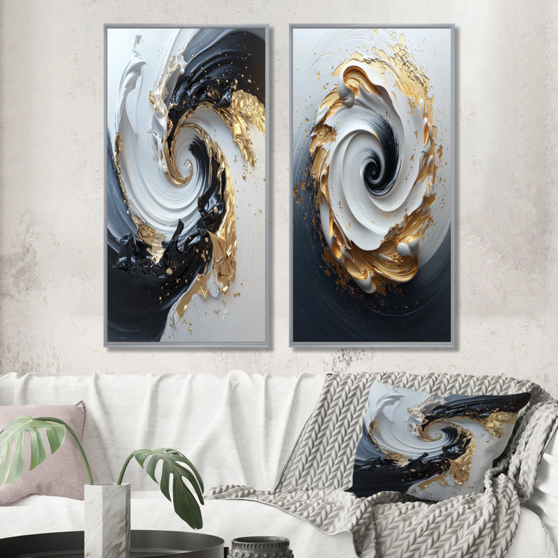 Ensemble de 2 pièces d'art mural blanc et noir, cosmique et tourbillon abstrait, H 28 po x l 24 po, Encadrement argenté