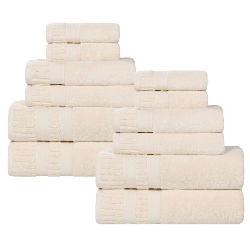 Ensemble de serviettes en coton doux à densité moyenne Venice Zero Twist, Ivory, 12 Piece Towel Set