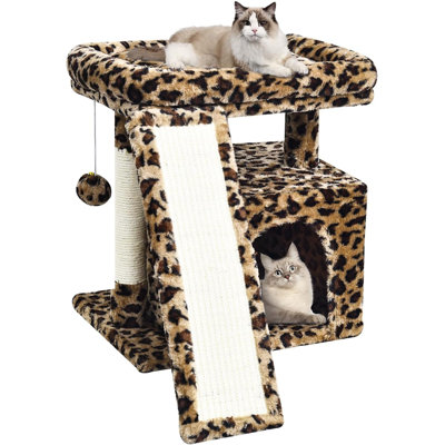 Small Leopard Print Cat Tree| Short Tower with Scratching Post, Ramp Pad, Condo with Perch Bed,Hanging Plush Ball & Cave(Leopard Print)