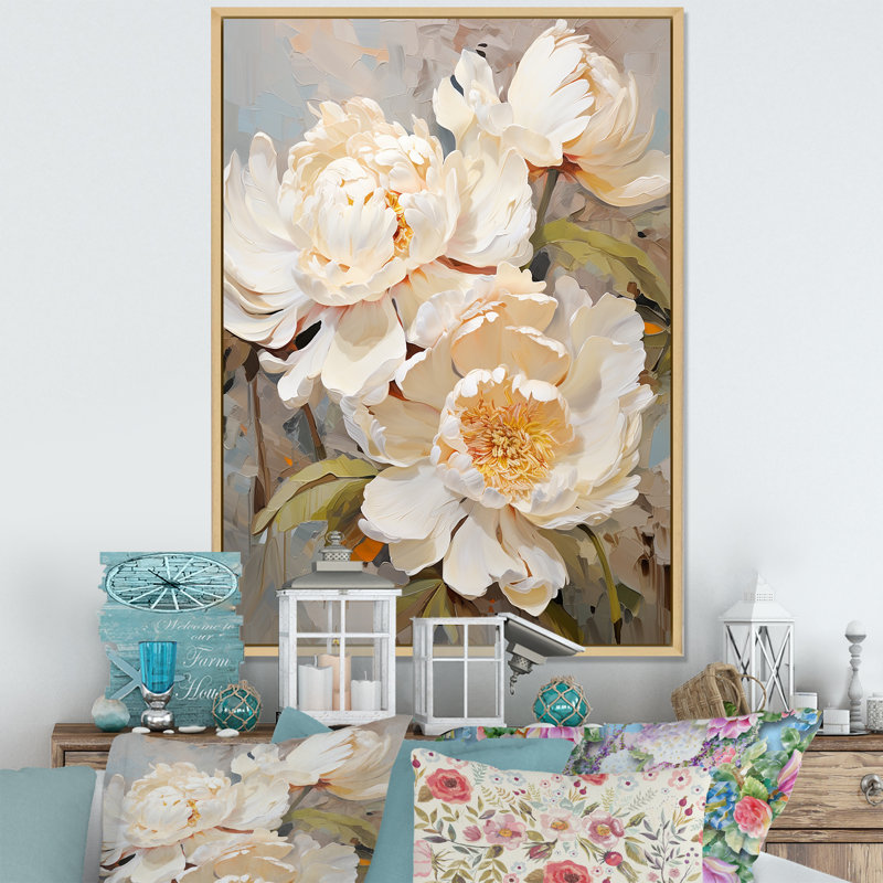 «Beige fragrant pivoine» sur toile, H 20 po x l 12 po x P 1 po, Cadre flottant naturel