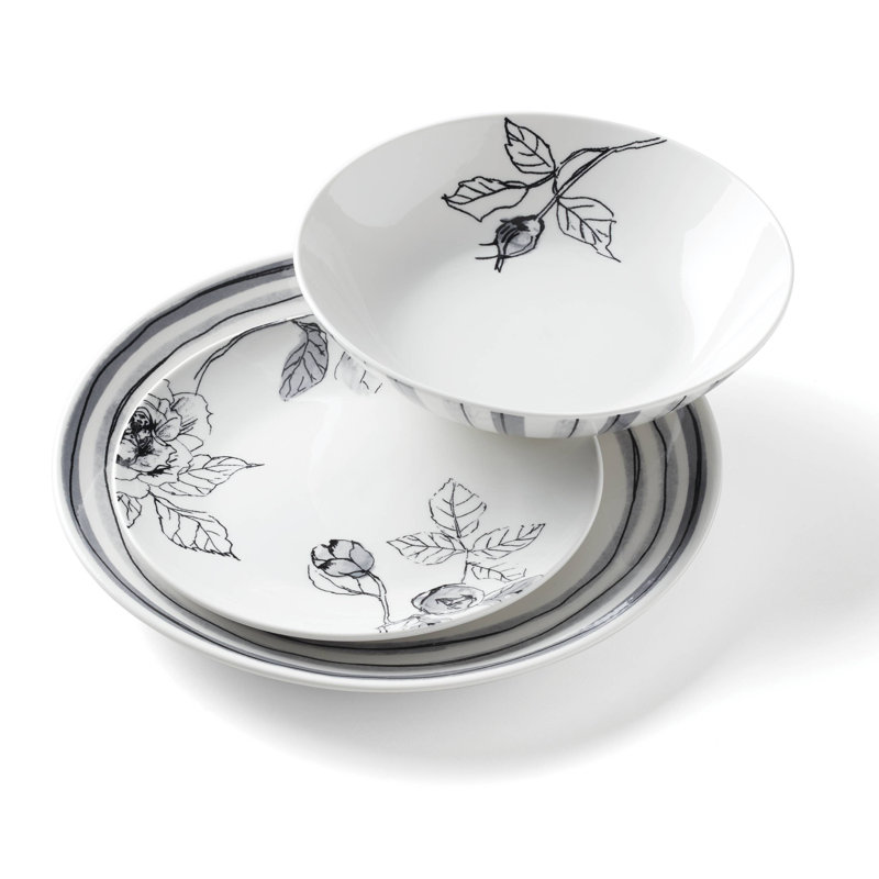 Gray and White Floral Porcelain 12-Piece Dinnerware Set