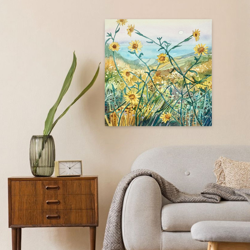 Fleurs ensoleillées, vue sur l'océan, H 24 po x l 24 po