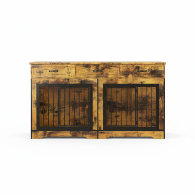 Meuble de caisse double robuste pour chien, chenil d'intérieur en bois avec tiroirs et table de bout, grand meuble télé pour chiens de taille moyenne / grande, cage pour animal rustique brun foncé, 70,9 po x 23,6 po x 38,6 po
