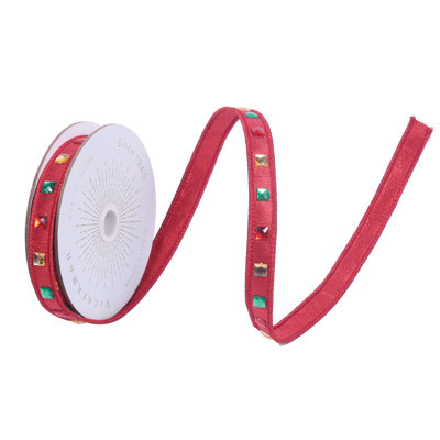 0.75" x 10yd Red Metallic Wired Ribbon with Red Square Jewels. Red Backing. Measuring 0.75 inch in width and 10 yards in length, it's perfect for a variety of festive projects.