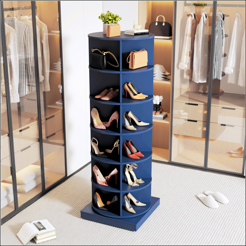 Blue 360 Rotating Shoe Cabinet With 6 Layers For Efficient Storage And Modern Design