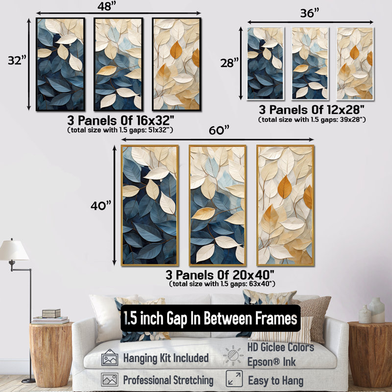 Milner - ensemble de reproductions d'art mural feuilles, H 40 po x l 60 po x P 1 po, Cadre flottant blanc