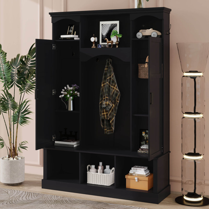 Hall Tree With Adjustable Shelves, Classic Arched Storage Bench With Dual Side Cabinets, 7 Hooks, Black