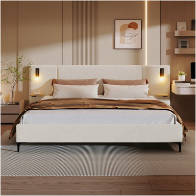 Lit tapissier Chic Boucle avec lumières et tablettes intégrées, blanc, très grand