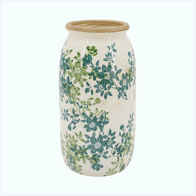 9.8"H Floral Cylinder Vase, Decorative Ceramic Cylinder Vase with Floral Pattern