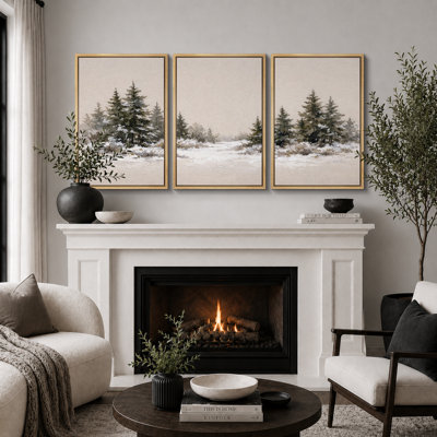 Moody Foggy Pine Forest Landscape Artwork, Living Room Pictures, Framed Canvas Giclee Print 3 Pieces Wall Art