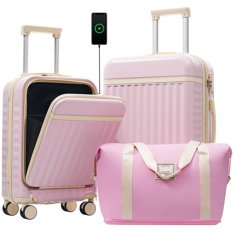 Valise rigide de voyage à accès frontal 3 pièces avec sac à main à roulettes extensible et verrou TSA