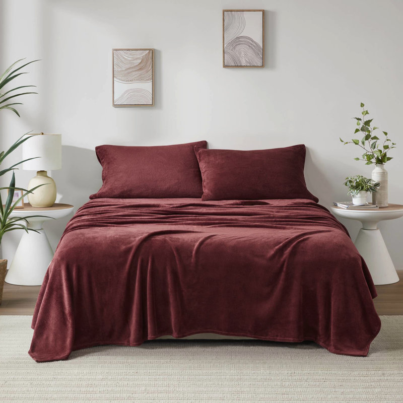 Drap-housse pour grand lit 4 pièces bourgogne, 100% velours, avec drap plat, 2 taies d'oreiller ajustées, élastique pour matelas de 16 po, couleur douce et douillette, brossé des deux côtés