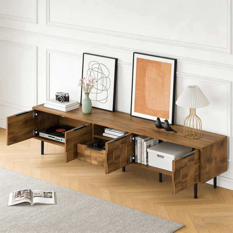 Meuble télé 78 po à damier pour téléviseur de 85 po ou moins, console média avec portes et tiroir à fermeture en douceur, centre de divertissement en bois