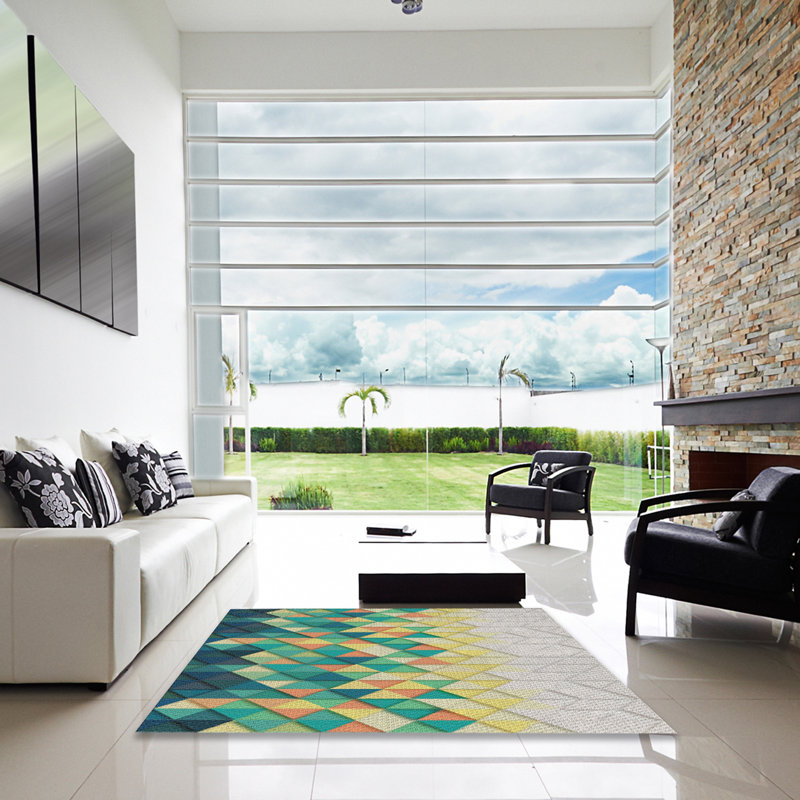 Tapis vert/jaune/gris à motifs, Carré 5 pi