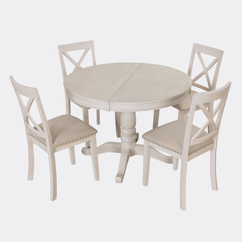 Antique White Round Pedestal Dining Set with 4 Chairs