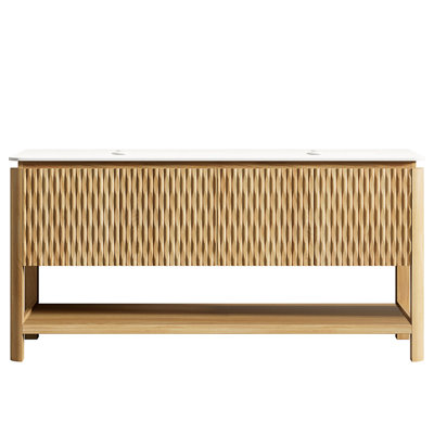 Meuble-lavabo autoportant de 152 cm (60 po), comptoir en pierre frittée blanche, aspect chêne brun, construction en contreplaqué multicouche, portes pleines 3D, armoire à double porte à fermeture amortie pour le rangement
