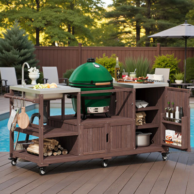Îlot de cuisine 75 po avec évier, station de préparation pour barbecue roulant, bois massif, plateau en acier inoxydable 201, maison de campagne moderne, patio