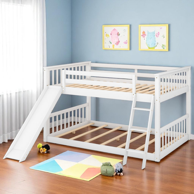 Floor Bunk Bed With Slide, Full Over Full, White