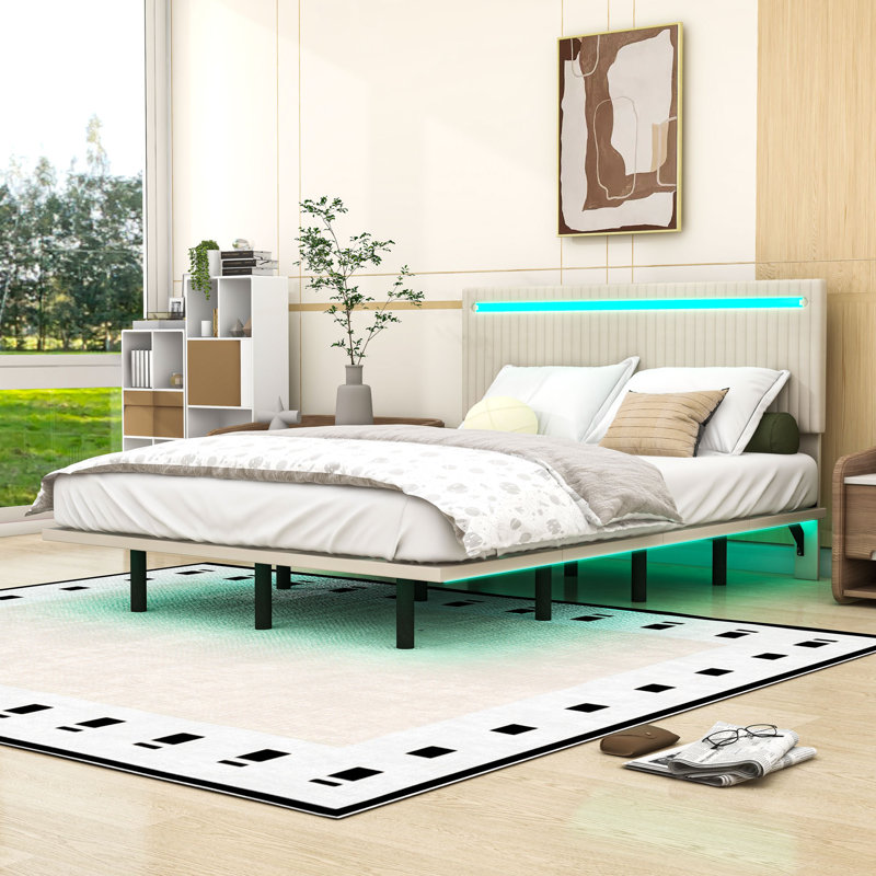 Floating Bed Frame with Adjustable LED Lights, Full, Beige
