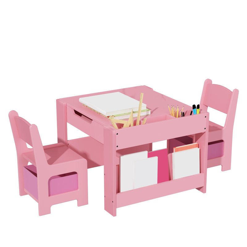 Ensemble de 3 tables d'activités en bois aggloméré rose avec 2 chaises et une bibliothèque pour les enfants