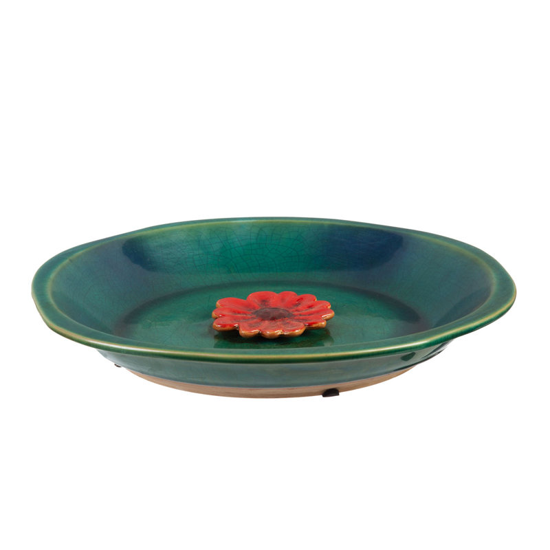 Bain en céramique Markisha pour oiseaux et abeilles, bleu avec fleur rouge