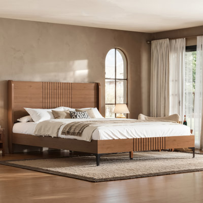 Queen Size Bamboo Platform Bed, Mid-Century Modern Bed Frame with 37.4 Tall Headboard, Solid Bamboo Bed Frame King Size, Wood Slat Support, Brown