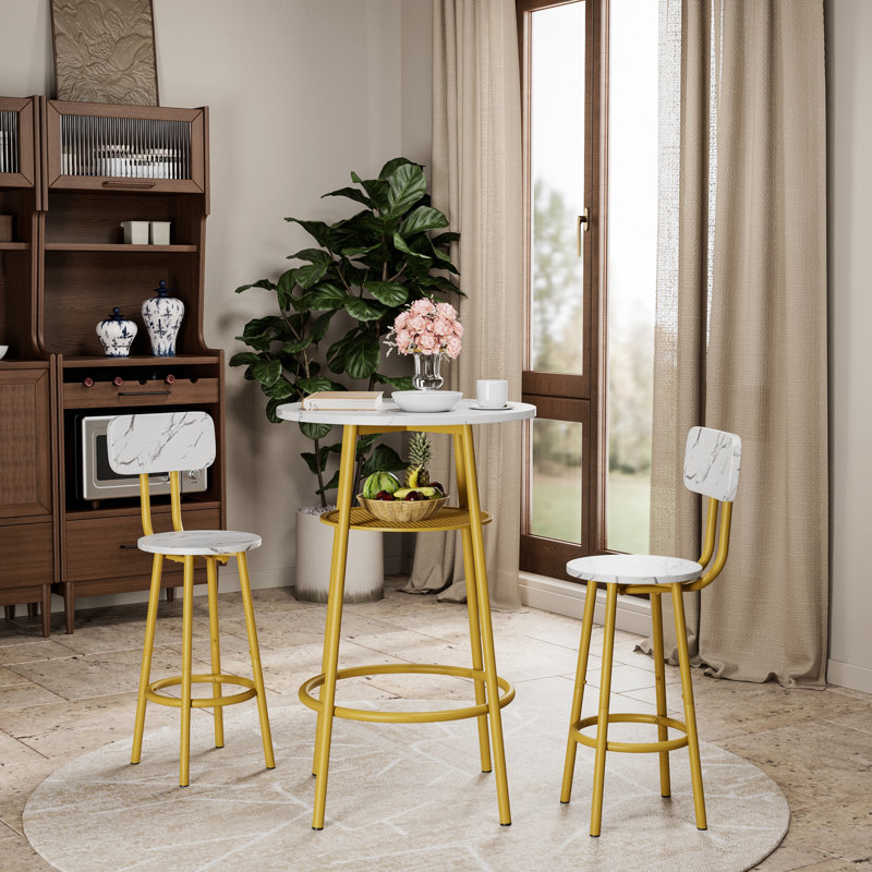 Ensemble de table de salle à manger et de chaises 3 pièces avec 2 tabourets et table de salle à manger en faux marbre