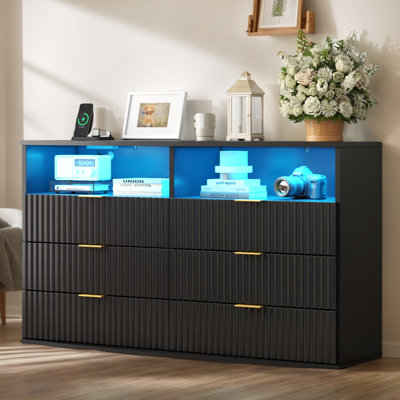 Fluted Dresser With 6 Drawers, Modern Black Dresser With Led Lights, Charging Station, Curved Tabletop, For Bedroom,living Room, Hallway