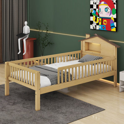 Alevras Wood Platform Bed with House-shaped Headboard, LED and Built-in Storage
