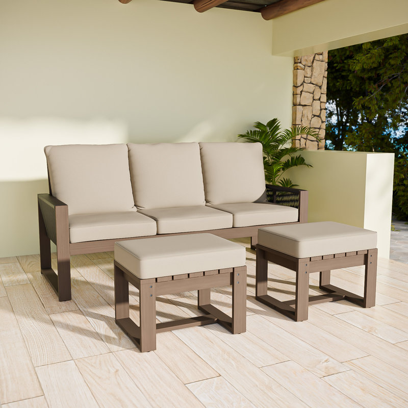3-Person Outdoor Patio Cedar Wood Brown Round Wicker Sofa Seating Group with Olefin Thick Cushions, Ottomans, Beige