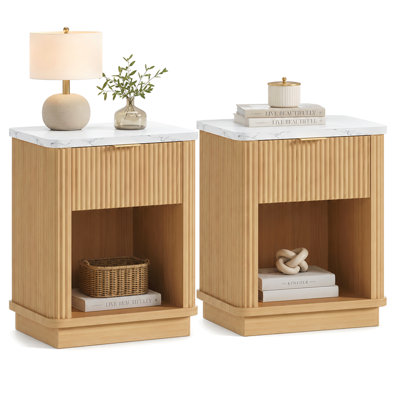 Nightstands Set of 2,Natural Wood Finish Fluted Nightstand with Storage Drawer and Open Shelf, Faux Marble-Look Top, Gold-Tone Handle, Modern Bedside Table and End Table for Bedroom, Guest Room, Dorm