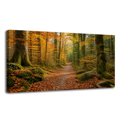 Toile, art mural forêt d'automne, feuilles tombées, arbres dorés, décoration murale pour le salon, la salle de bain, la chambre, le bureau, H 20 po x l 40 po, prêt à accrocher