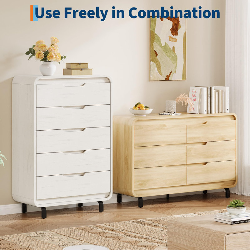 48" Tall 5 Drawer Wood Dresser with Handleless & Detachable Legs, Modern Storage Chest, White