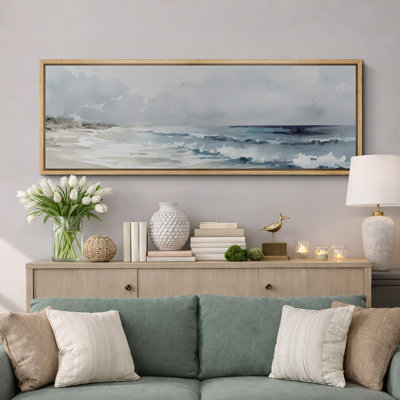 Coastal Beach " Serene Beach Watercolor Coastal Landscape Rustic Retro Art Decor Extra Large Pictures " Print