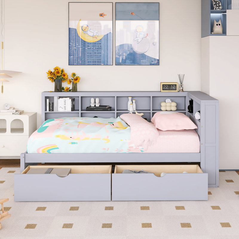Lit de jour simple en bois avec 2 tiroirs, tablette de rangement et ports de chargement USB, Lit simple, Gris