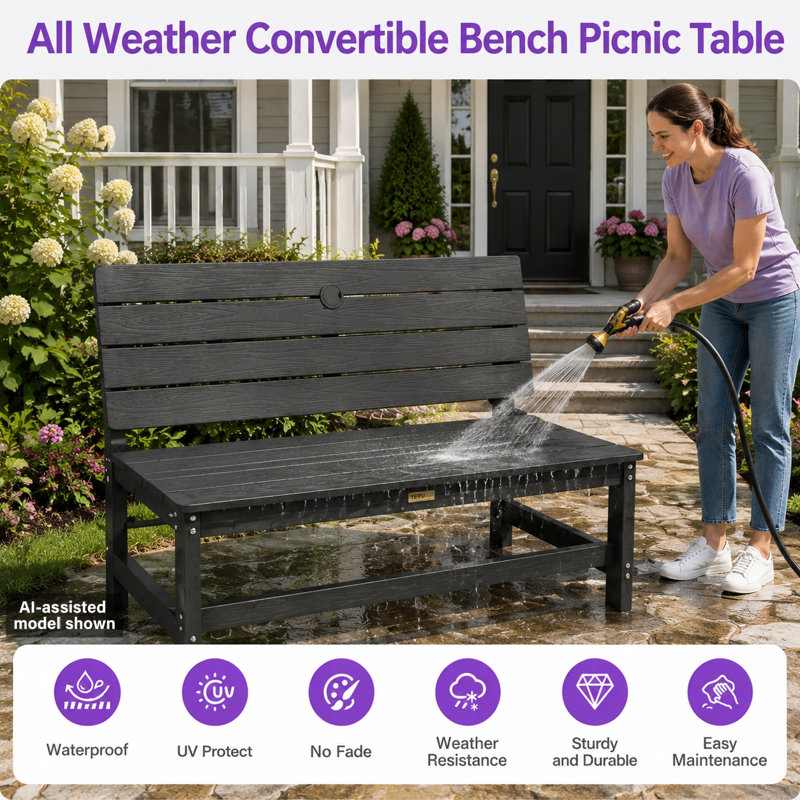 Banc convertible, table de pique-nique 2-en-1, pliable et résistant aux intempéries (deux ensembles), Noir