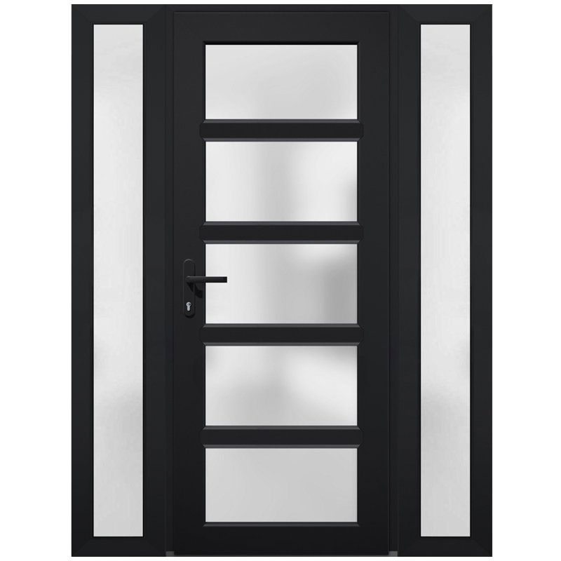 Façade extérieure en verre givré pré-monté Fibre de verre givré / Manux 8002 noir mat / 2 fenêtres extérieures latérales / Bureau Portes d'entrée commerciales et résidentielles Garage-W12 + 30 + 12 "x H80"