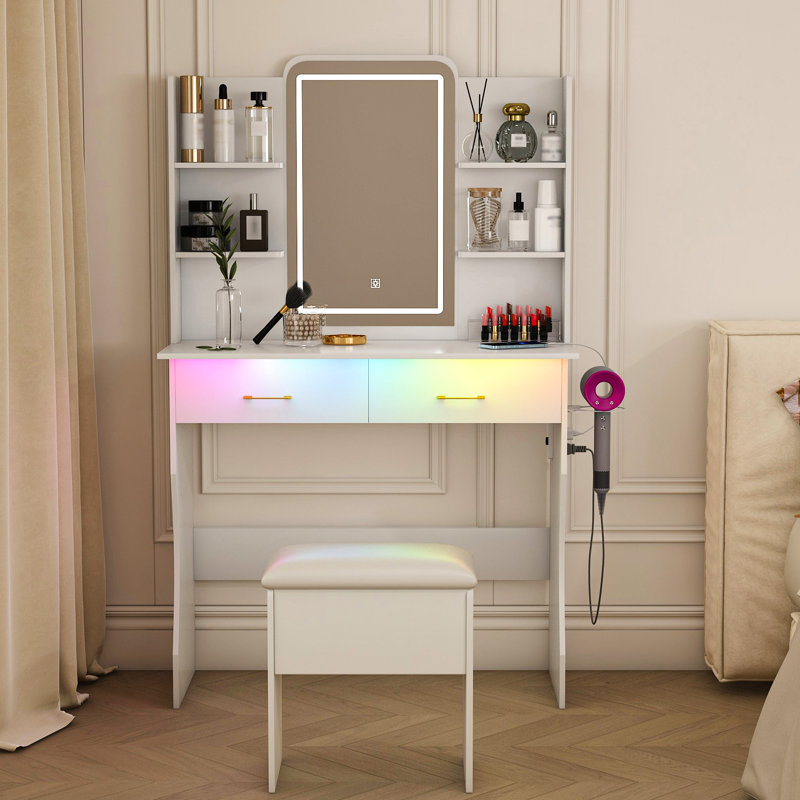 Table de coiffeuse avec miroir à DEL, 3 modes d'éclairage, support pour sèche-cheveux et 2 lumières de maquillage pour la chambre, grands tiroirs, décoration de chambre à coucher, blanc