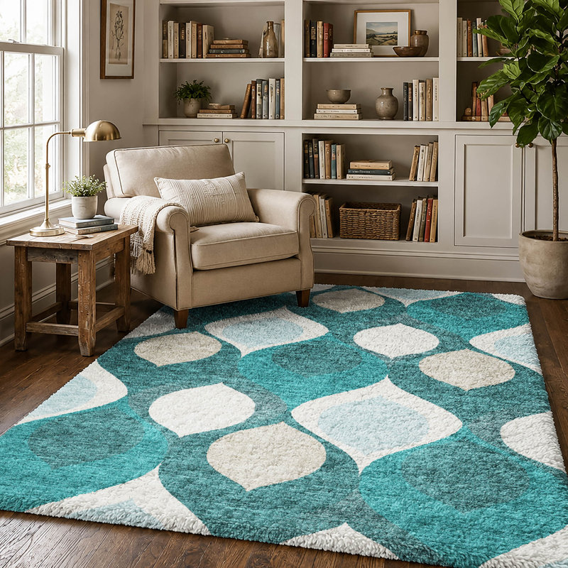 Tapis Dream Shag ADS749 de style moderne du milieu du siècle, lavable à la machine de qualité supérieure, Teal, 8' x 10'