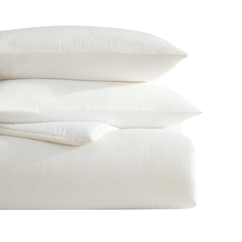 Vera Wang Threaded Basketweave Cotton White Comforter Set, King Comforter + 2 King Shams