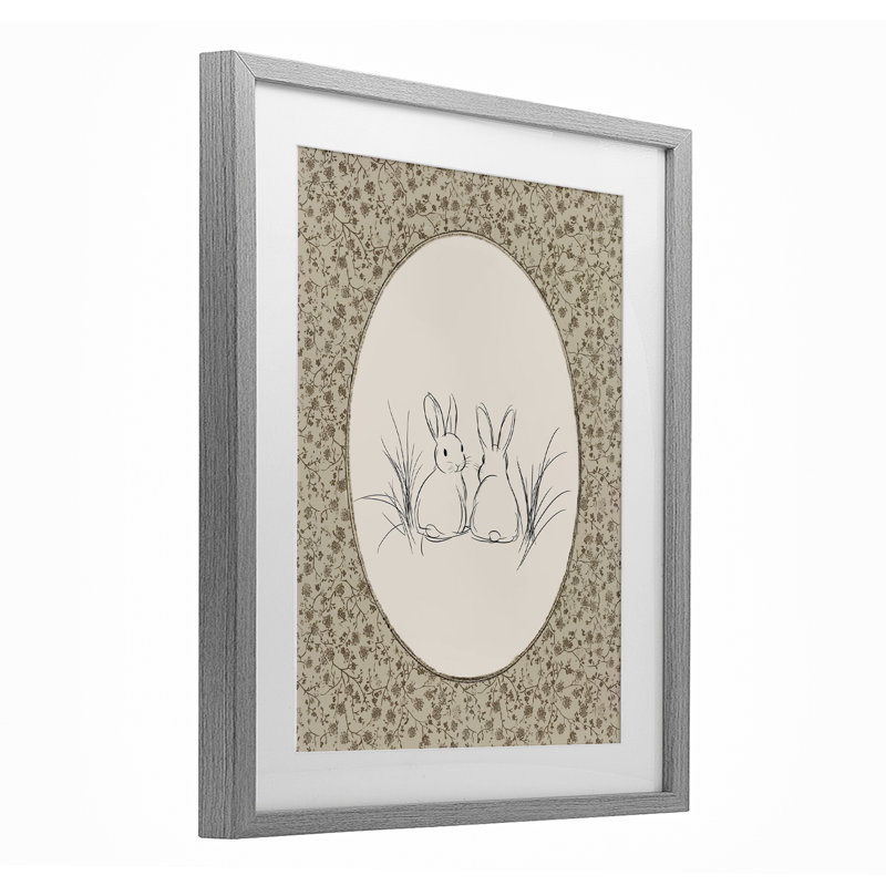 Reproduction sous verre rétro encadrée de bébés lapins, design par Ramona Murdock, H 16 po x l 13 po, Cadre de ferme gris