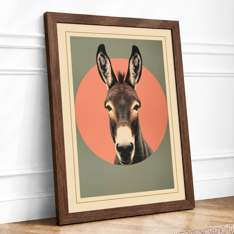 Donkey in Coral Circle Minimalist - Framed Print, A4 - 29.7 x 21.0 cm, Walnut