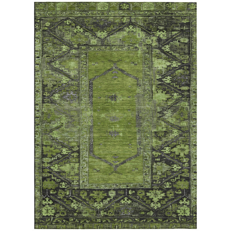 Machine Washable Indoor/Outdoor Xhevrie Olive Rug, Rectangle 10' x 14'