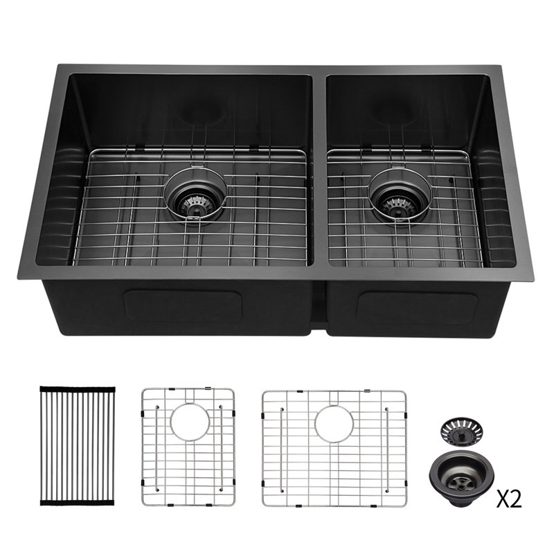 Double Bowl(60/40) Undermount Sink- 33"X19"X10" Gunmetal Black  Double Bowl Kitchen Sink 16 Gauge With Two 10" Deep Basin