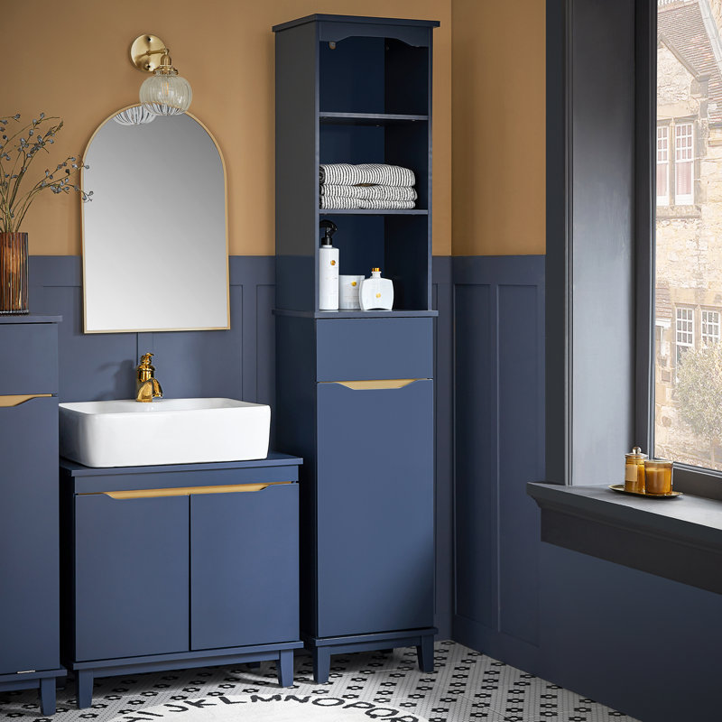 Blue Bathroom Storage Cabinet, Tall Narrow Freestanding Bathroom Cabinet with 3 Open Shelves, Adjustable Shelf & Drawer, Slim Bathroom Floor Cabinet Organizer for Small Spaces, 13.8"W x 11.8"D x 66.9"H